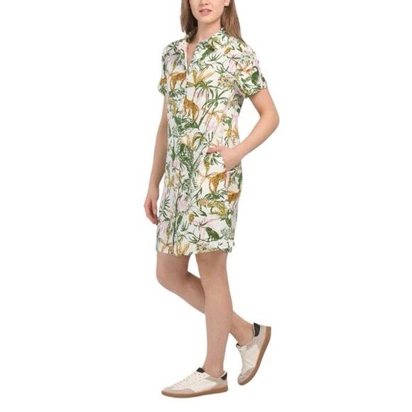 NWOT RACHEL ZOE Dress M Linen Leopard Jungle Tropical Pocket Cuffed-Short-Sleeve - Picture 1 of 9